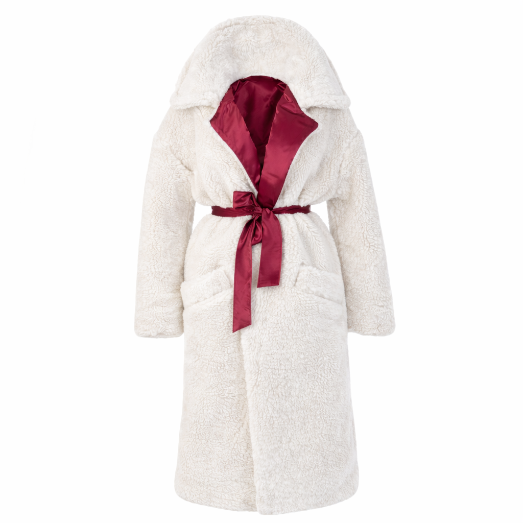 Oversized Woolen Coat with Maroon Silk Lining - White