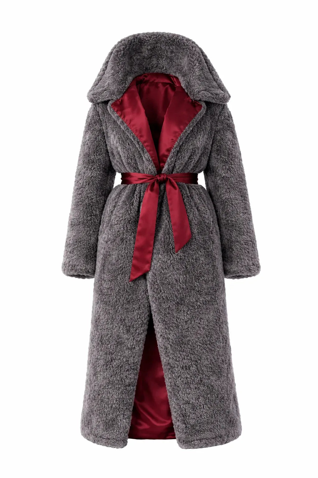 Oversized Woolen Coat with Maroon Silk Lining - Dark Grey - MellowConceptStore