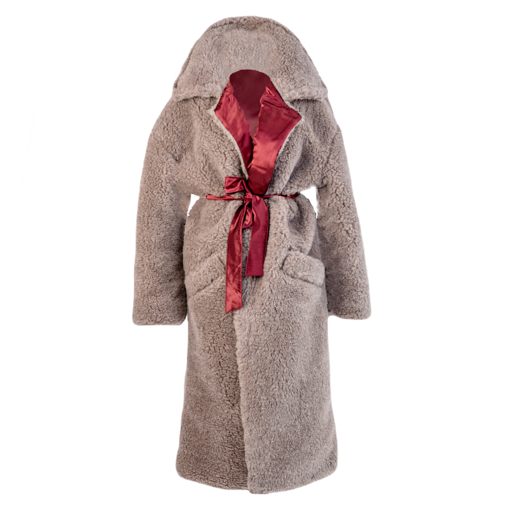 Oversized Woolen Coat with Maroon Silk Lining Beige