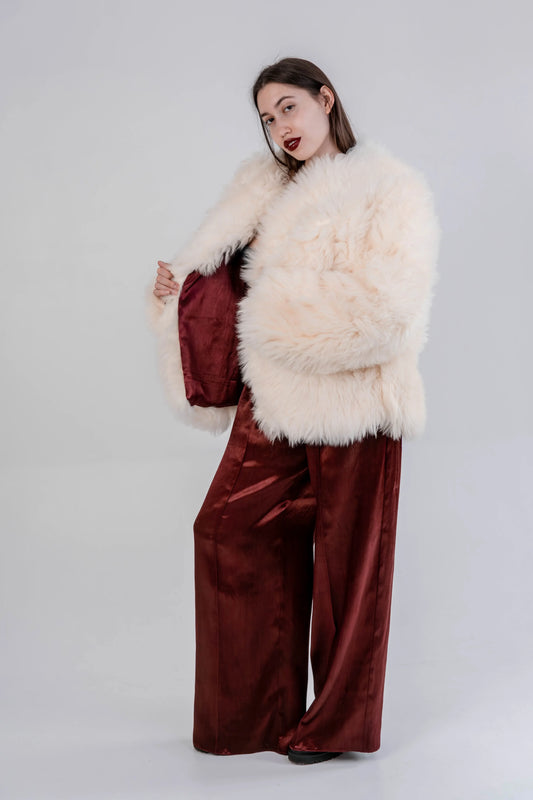 Sheepskin Fur / Coat with Burgundy Silk Lining - White