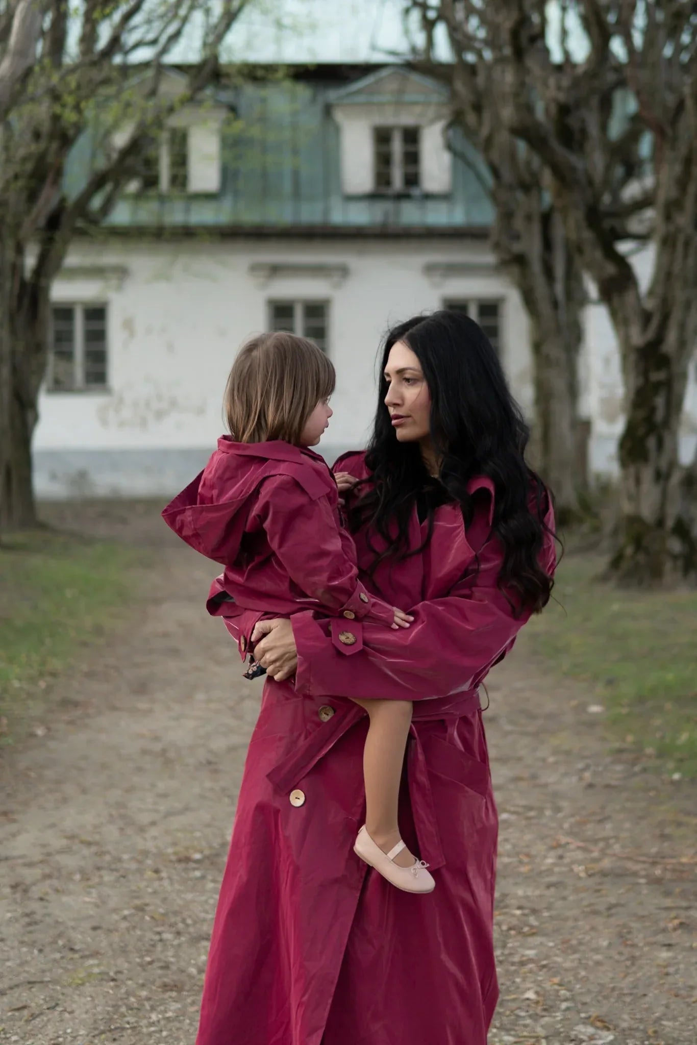 Kid's Trench Coat - Burgundy Red - Cotton