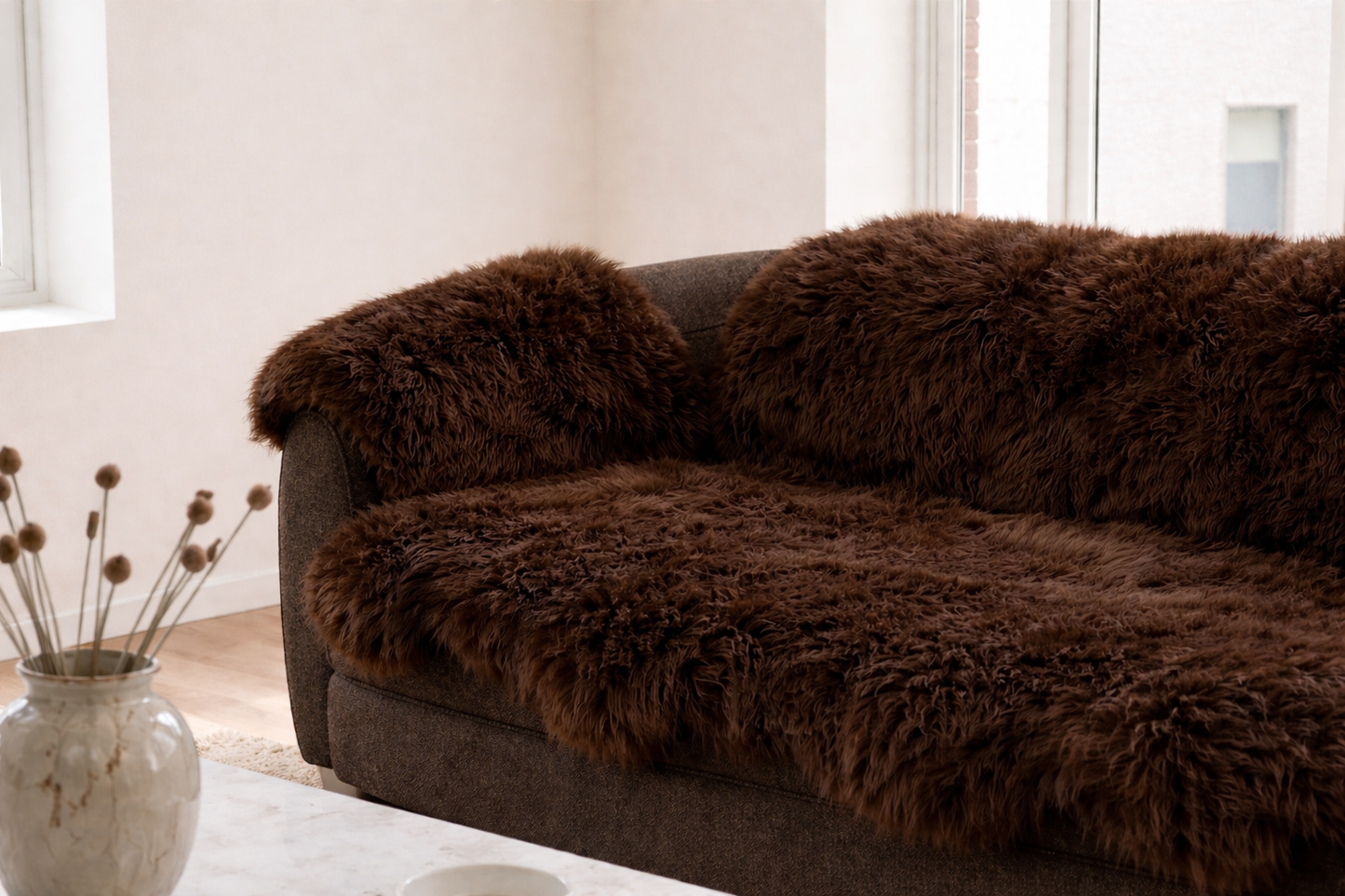 Genuine Brown Sheepskin Couch Cover for Dogs — Natural Sofa Protector (Plastic-Free)