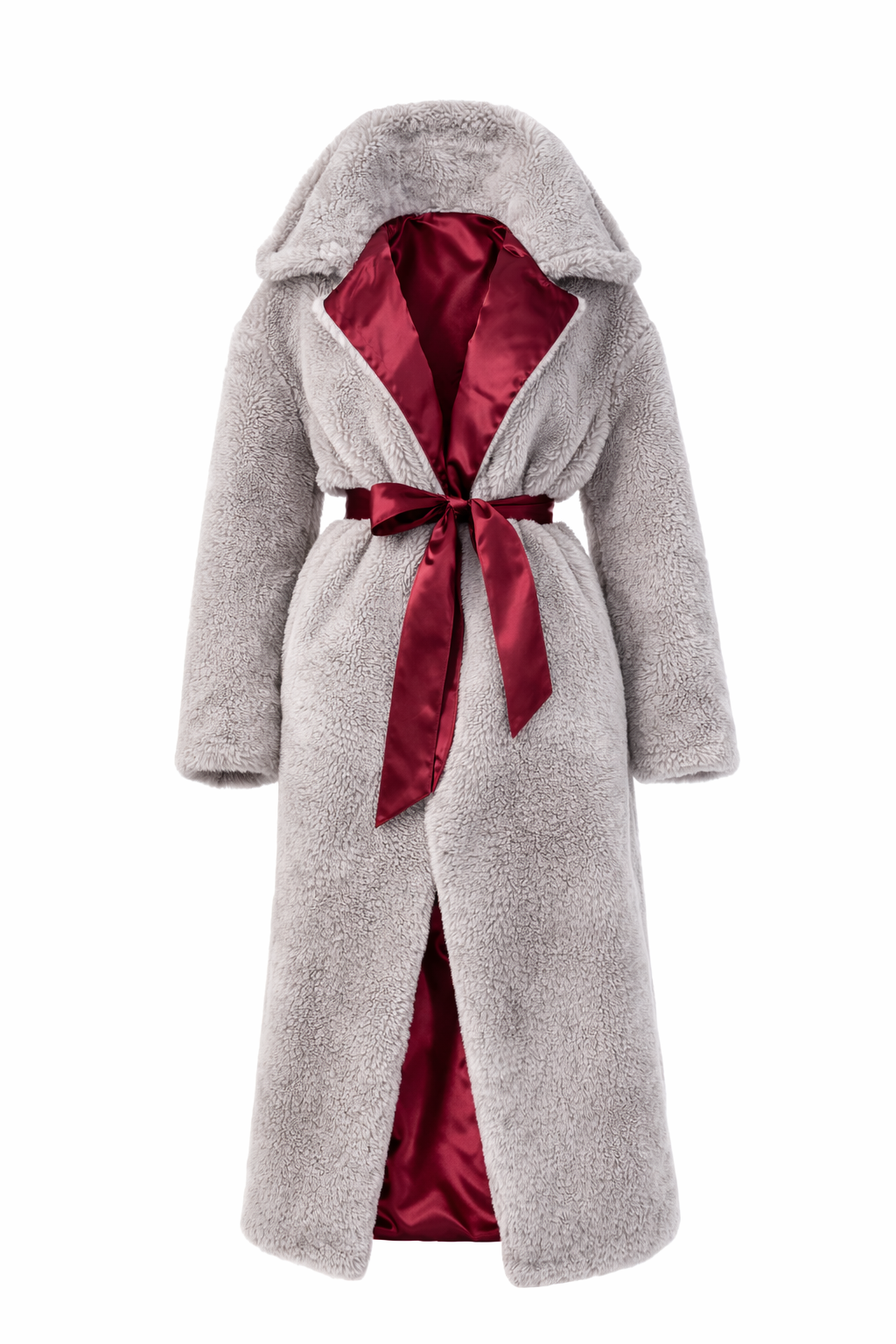 Oversized Woolen Coat with Maroon Silk Lining - Light Grey