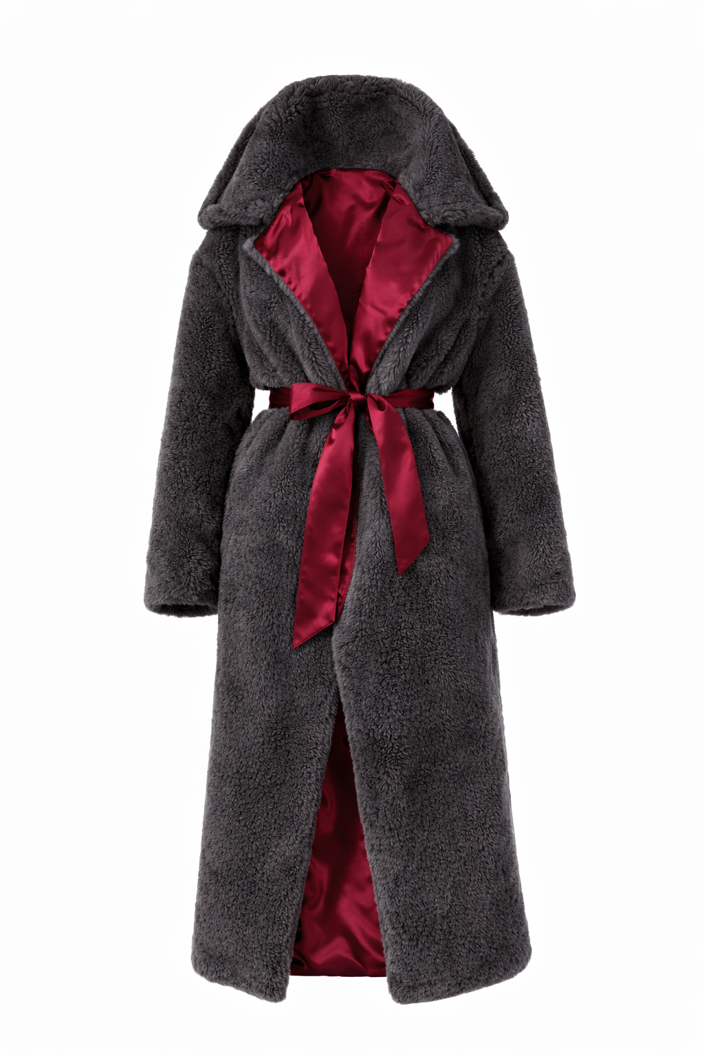 Oversized Woolen Coat with Maroon Silk Lining - Charcoal