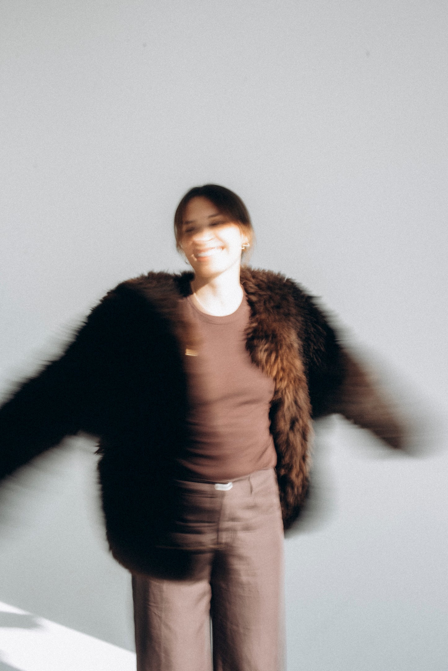 Sheepskin Fur / Coat with Burgundy Silk Lining - Brown