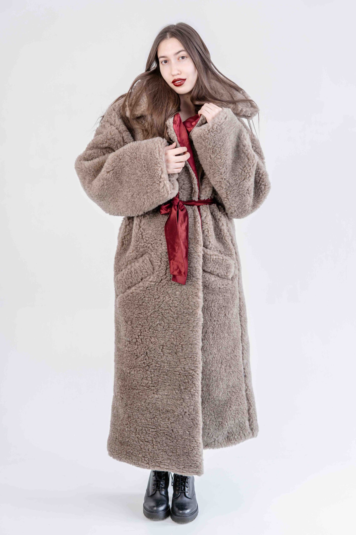 Oversized Woolen Coat with Maroon Silk Lining  Beige