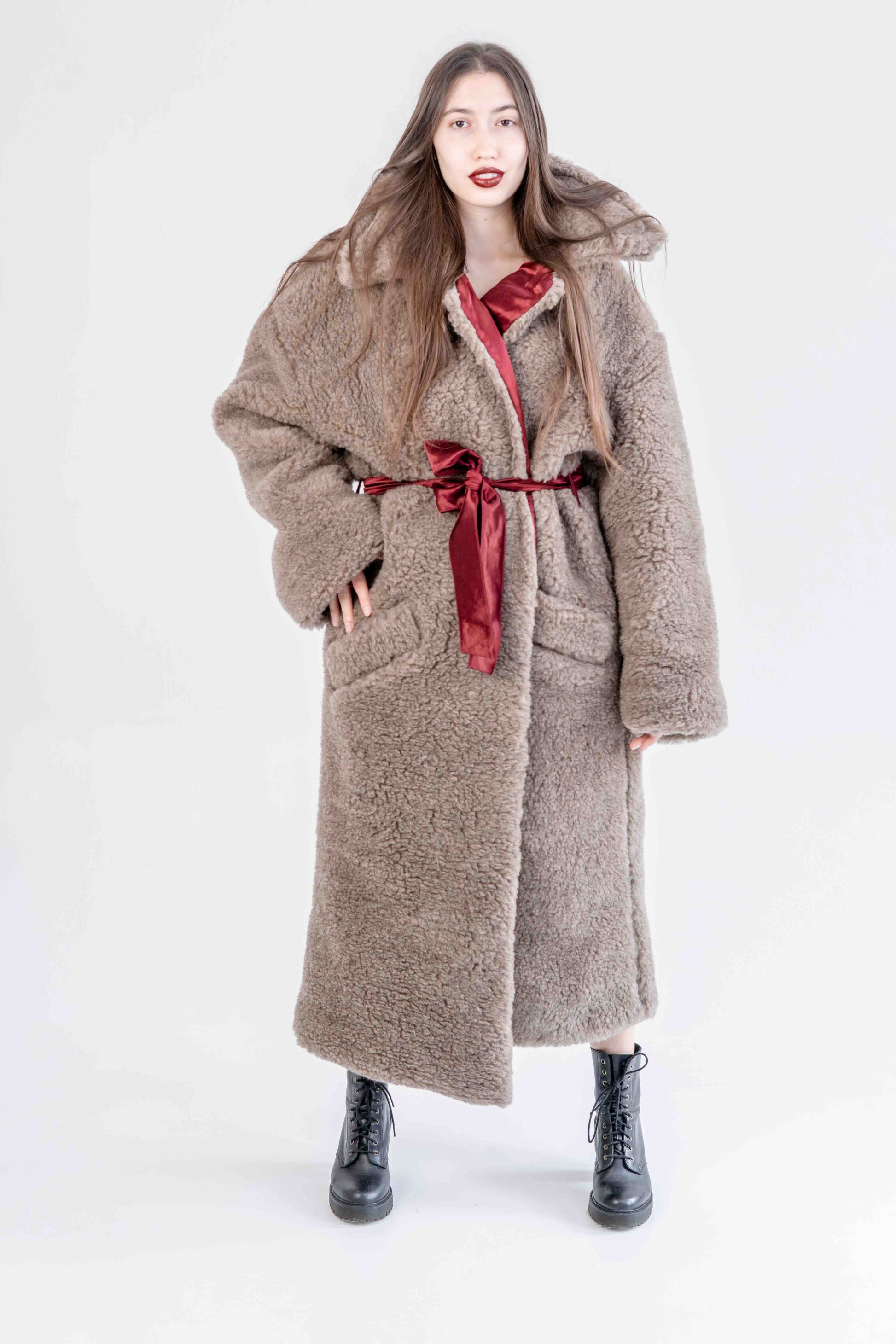 Oversized Woolen Coat with Maroon Silk Lining  Beige