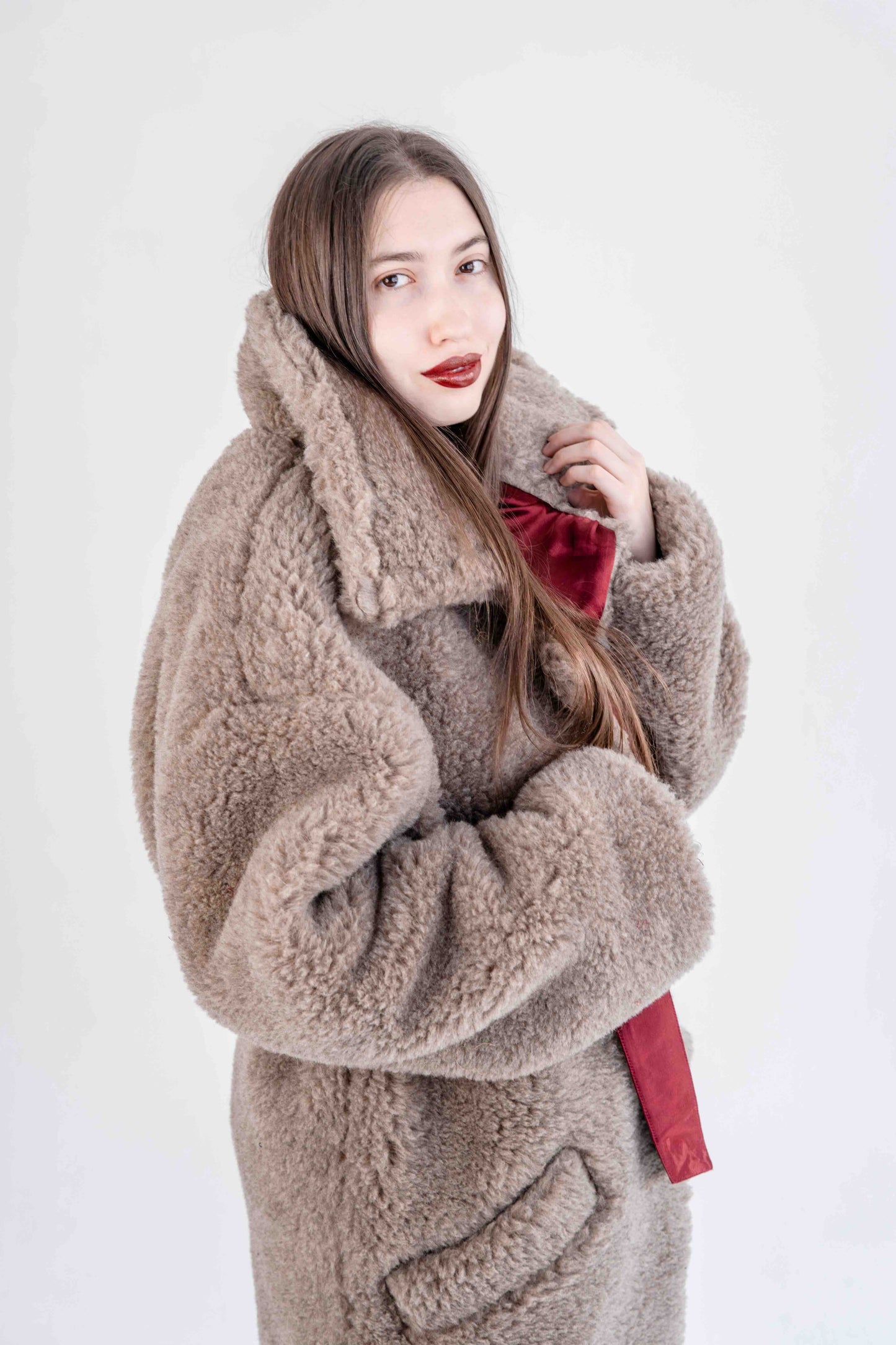 Oversized Woolen Coat with Maroon Silk Lining  Beige