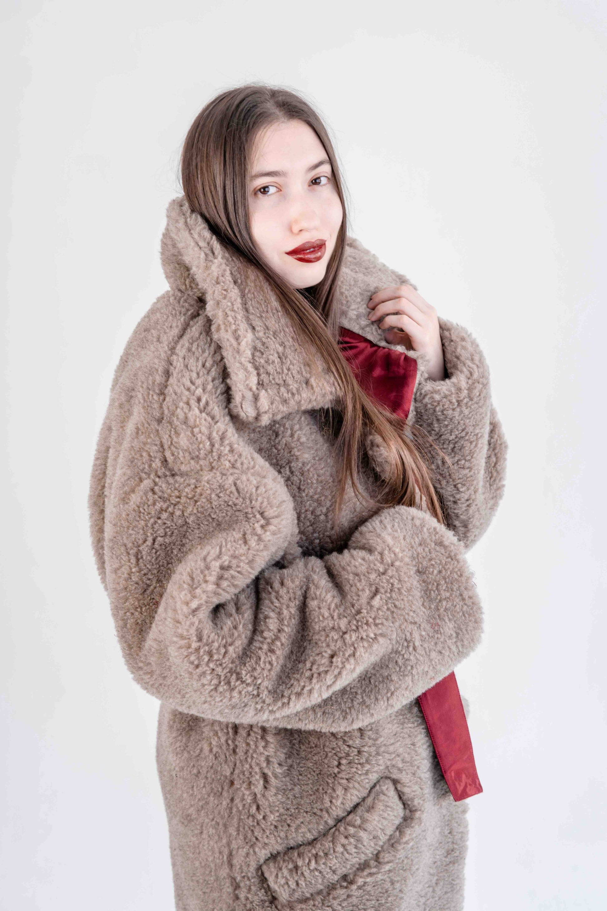 Oversized Woolen Coat with Maroon Silk Lining  Beige