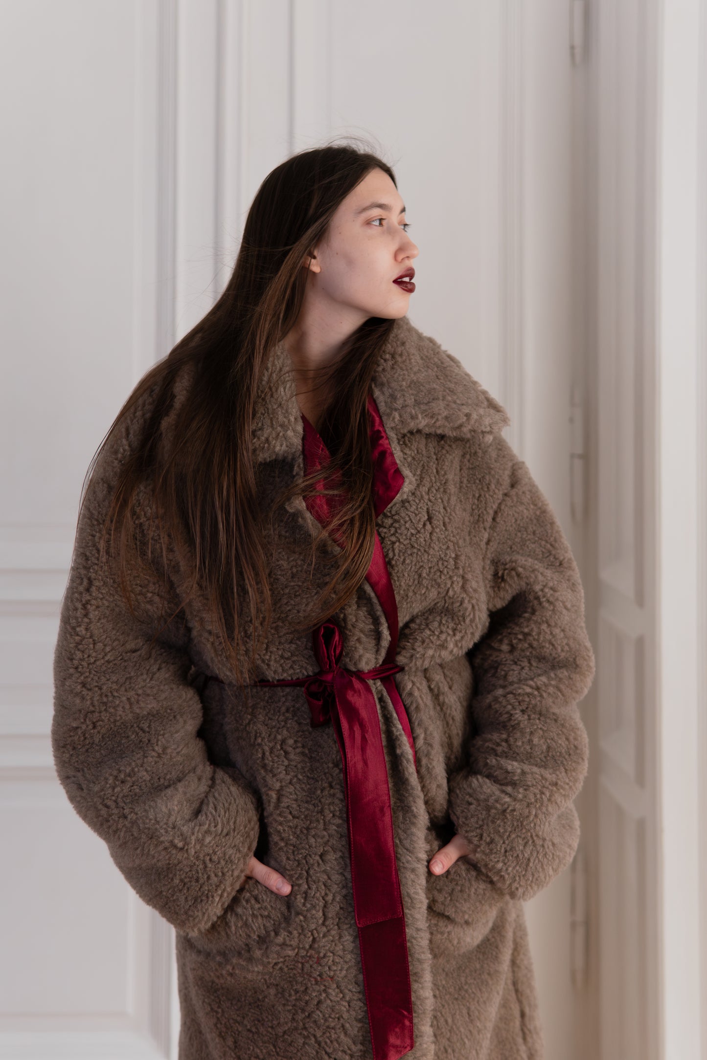 Oversized Woolen Coat with Maroon Silk Lining  Beige