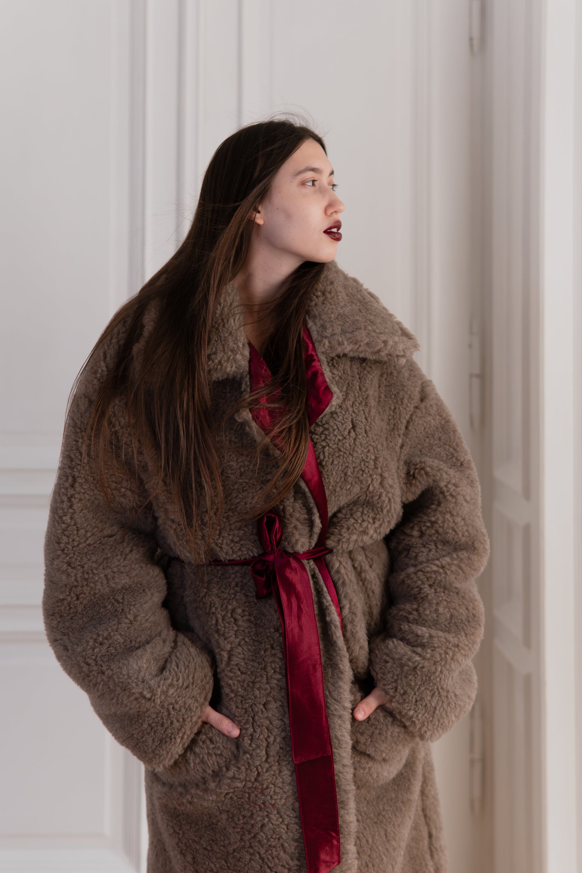 Oversized Woolen Coat with Maroon Silk Lining  Beige