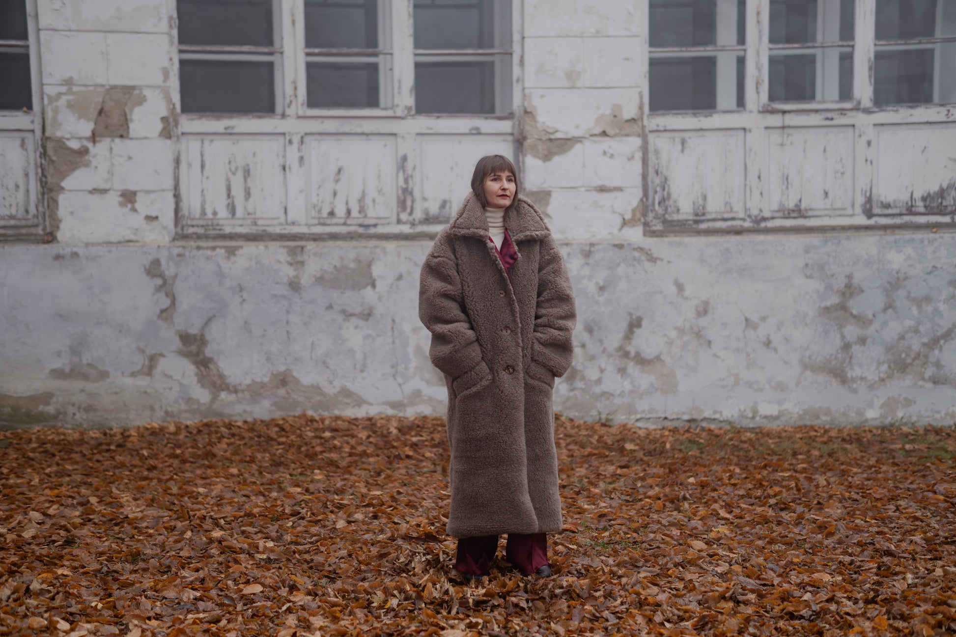 Oversized Woolen Coat with Maroon Silk Lining  Beige
