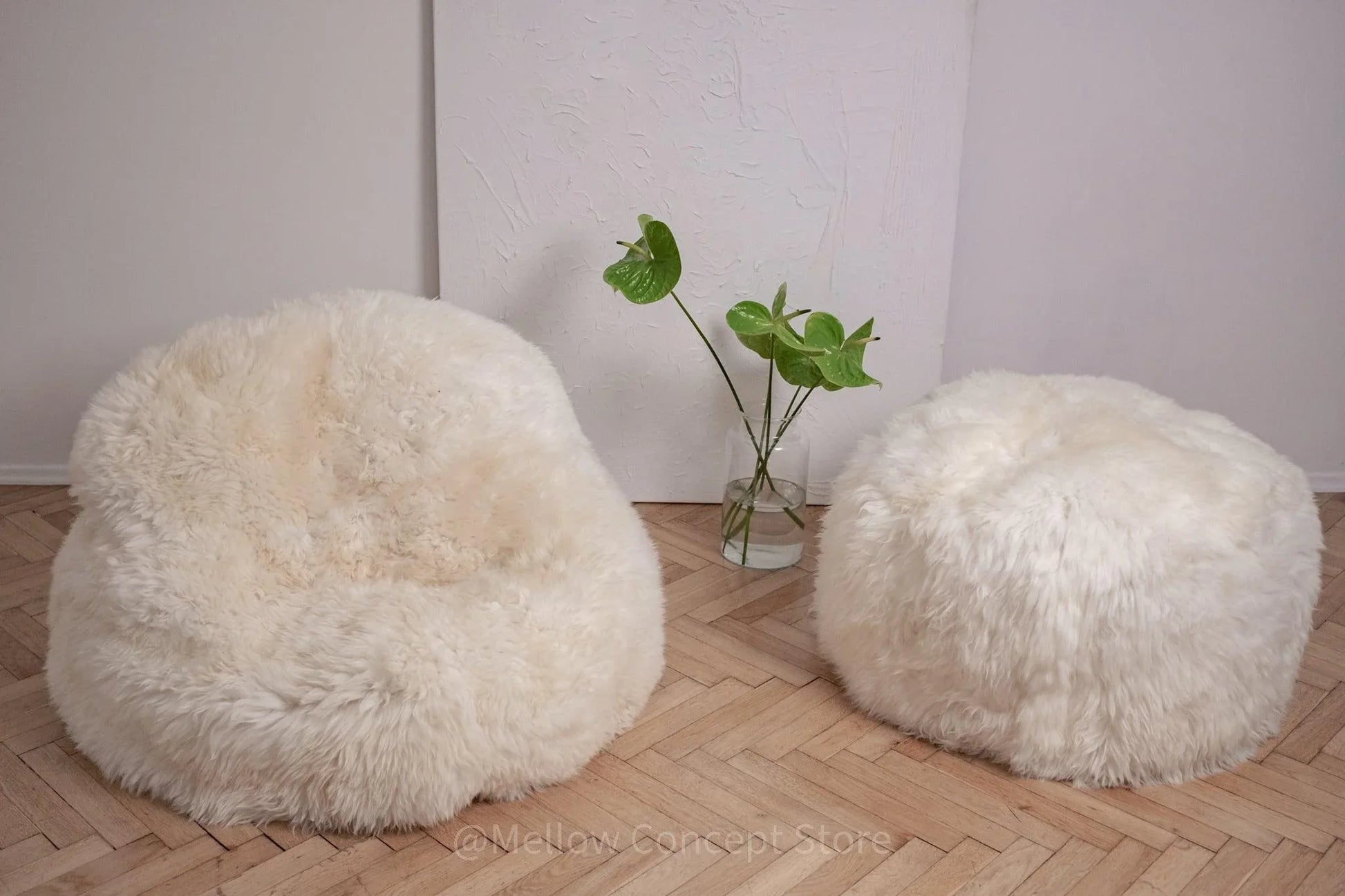 Natural Sheepskin Pouf / Ottoman - White - MellowConceptStore