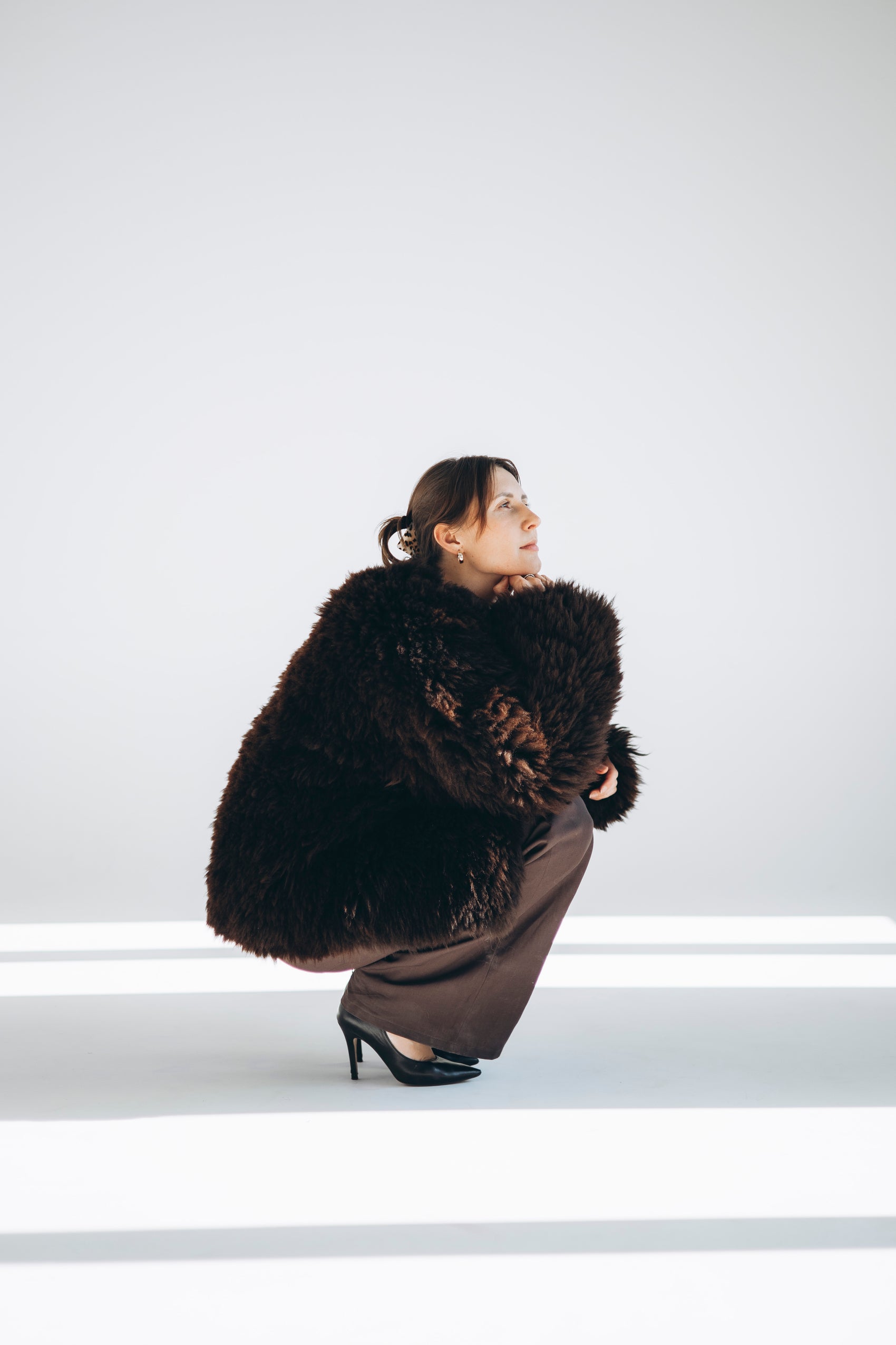 Sheepskin Fur / Coat with Burgundy Silk Lining - Brown