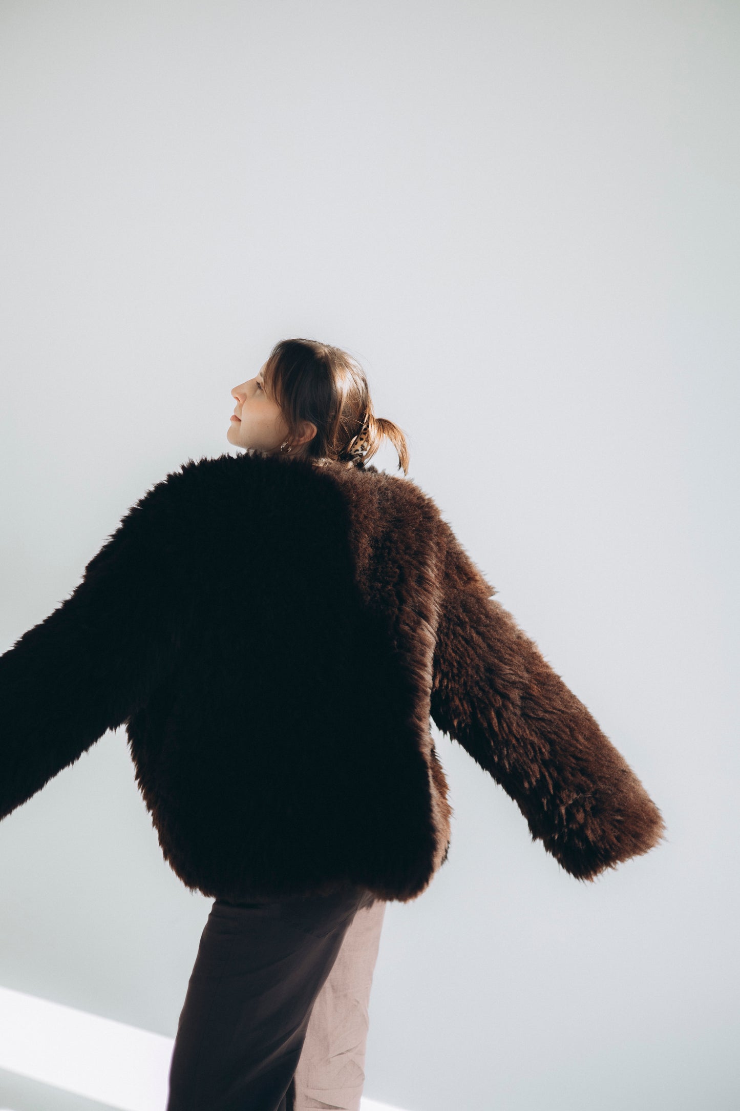 Sheepskin Fur / Coat with Burgundy Silk Lining - Brown