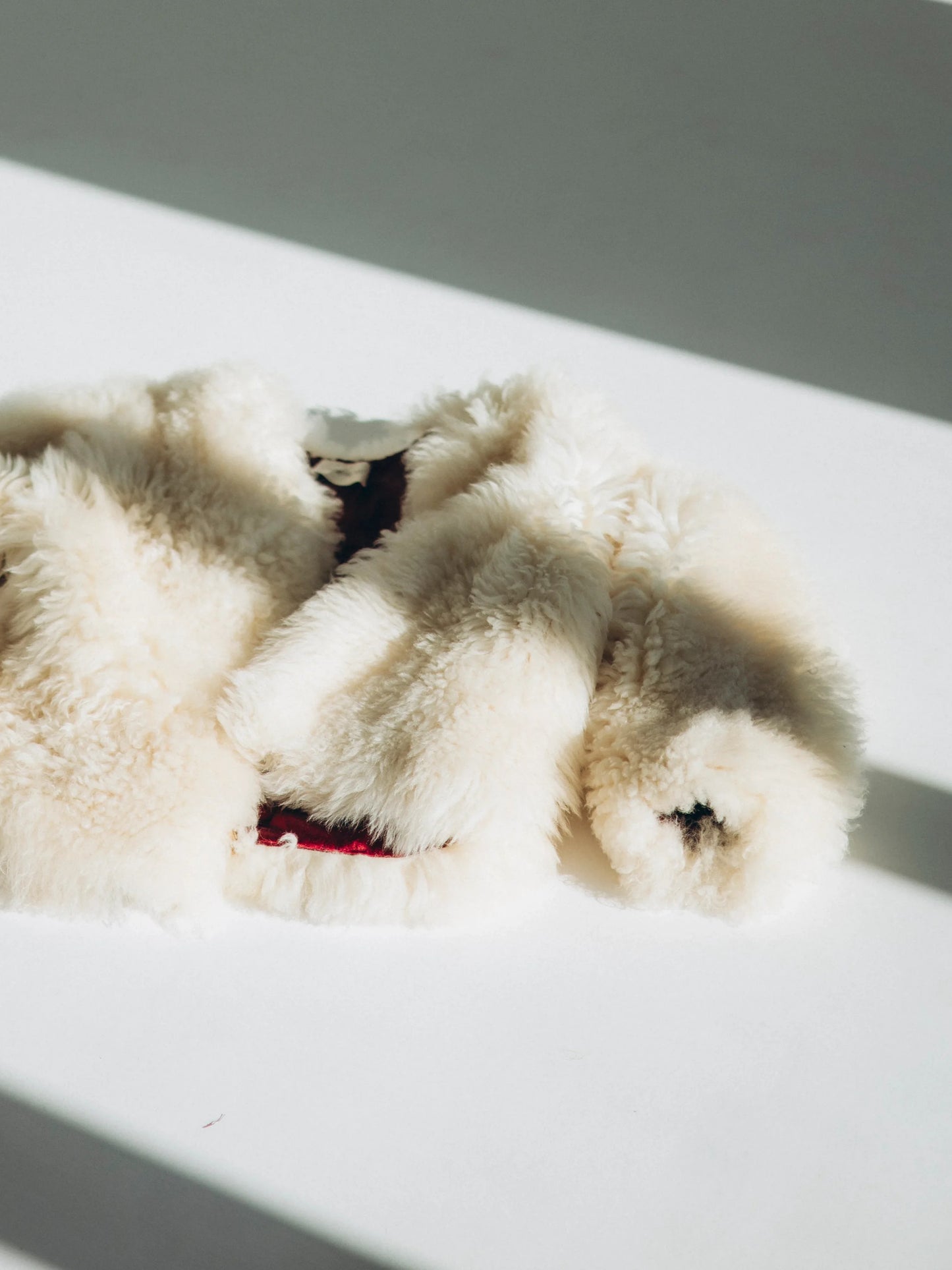 Sheepskin Fur / Coat with Burgundy Silk Lining - White