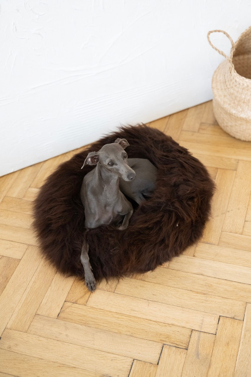 Round Natural Sheepskin Pet Bed Brown