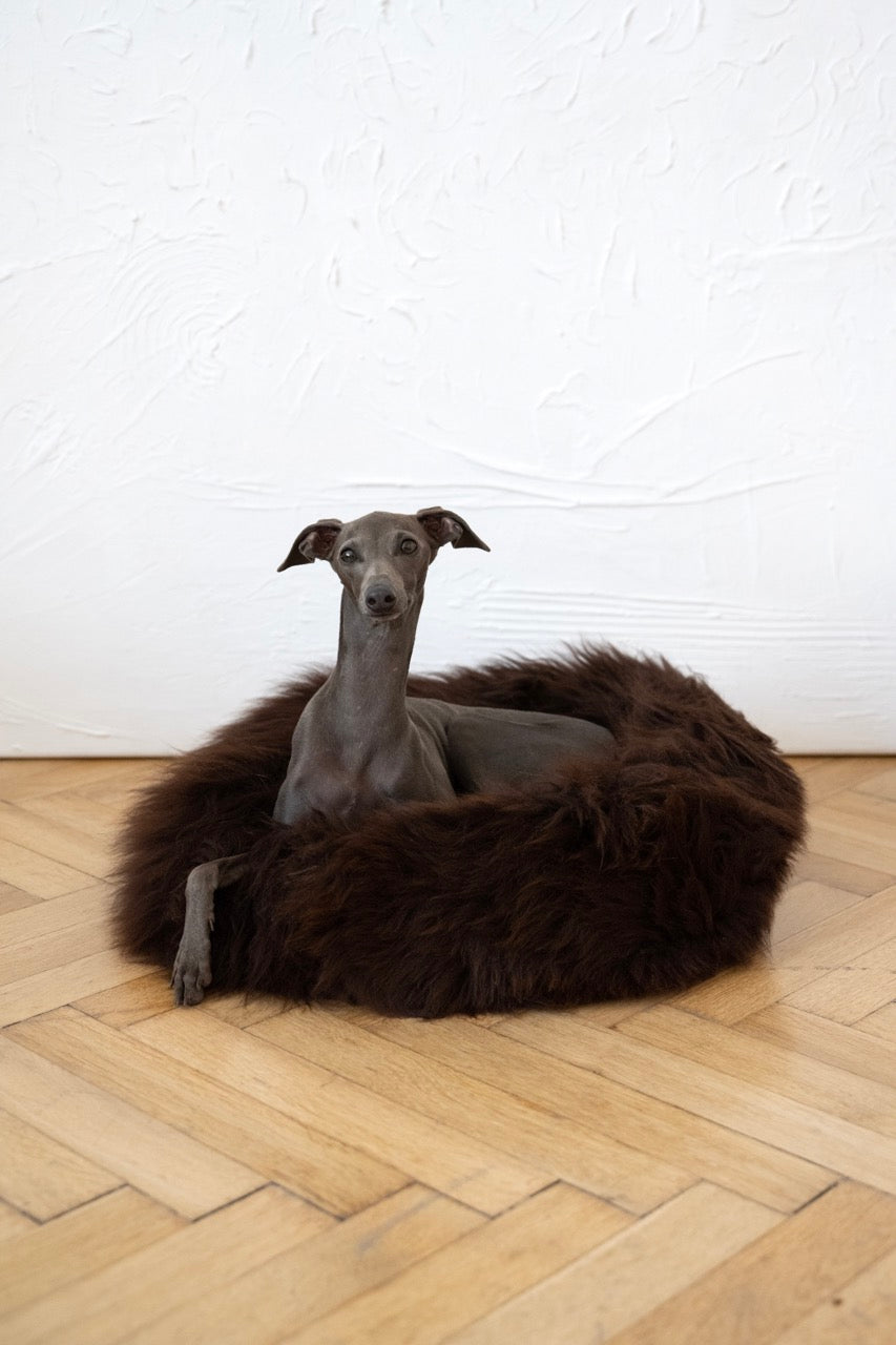 Round Natural Sheepskin Pet Bed Brown