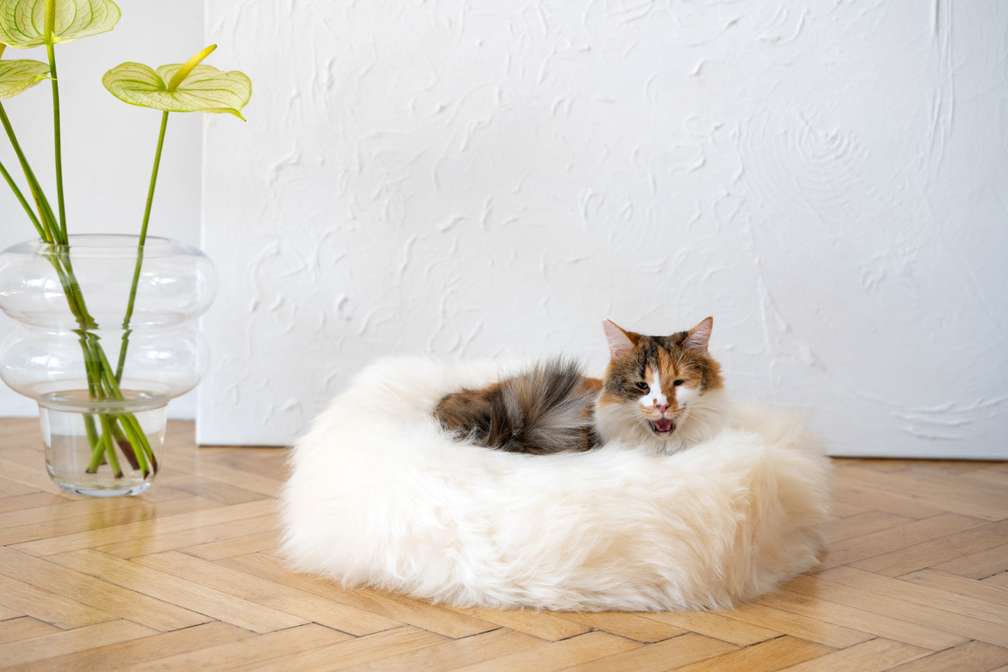 Round Natural Sheepskin White Pet Bed 