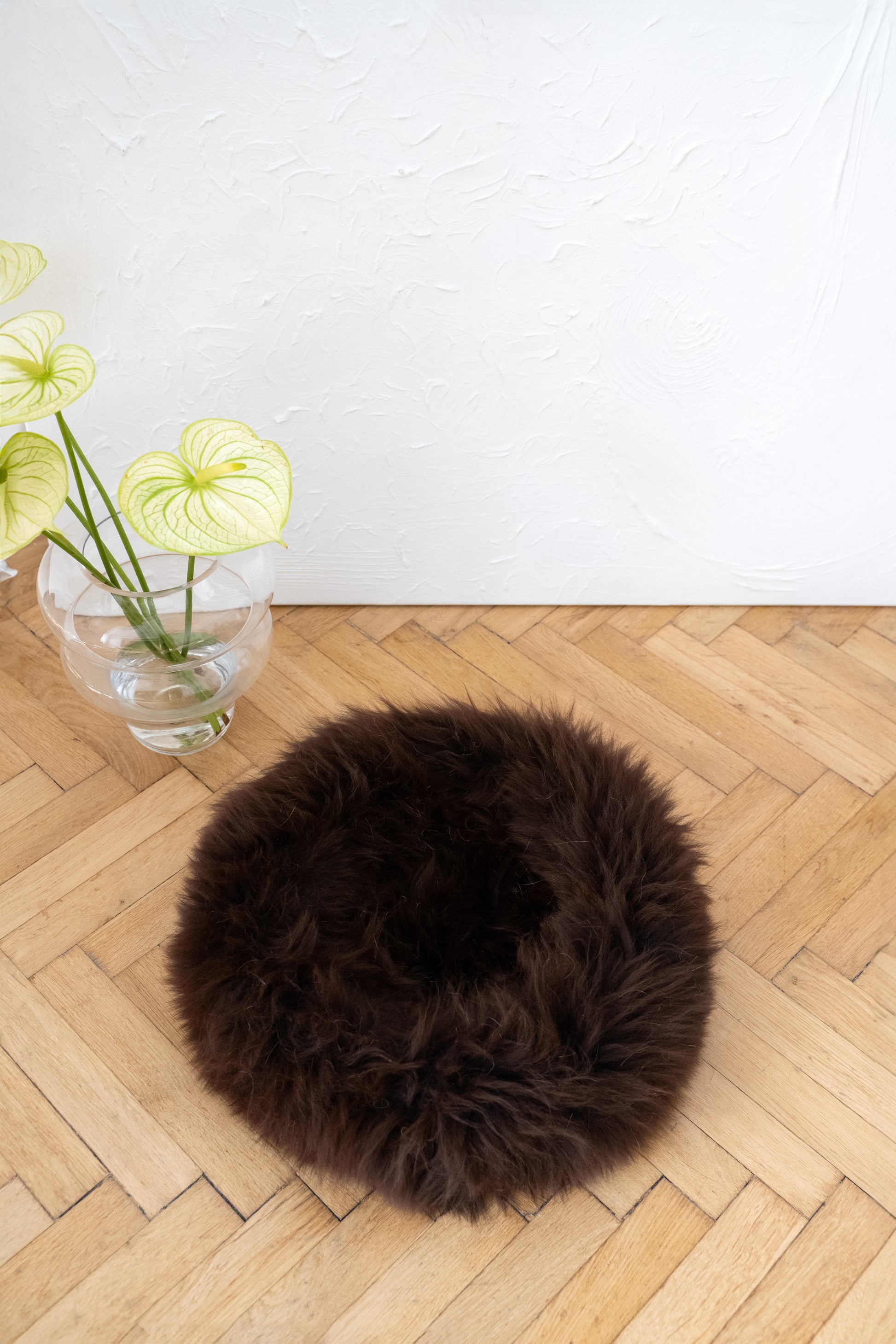 Round Natural Sheepskin Pet Bed Brown
