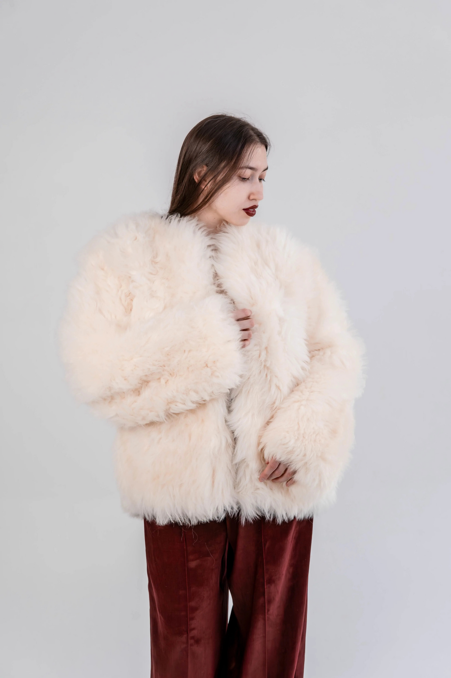 Sheepskin Fur / Coat with Burgundy Silk Lining - White